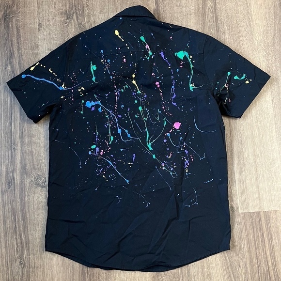 Lee 80's Retro Splatter Paint Black Short Sleeve Button down Sz M - Picture 7 of 9